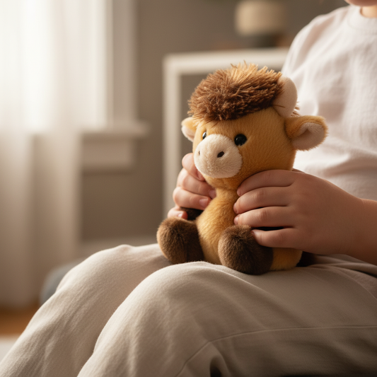 Child's hands cradling highland cow plush