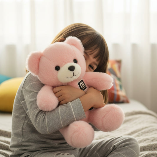 Pink teddy bear with a visible brand logo on a white background