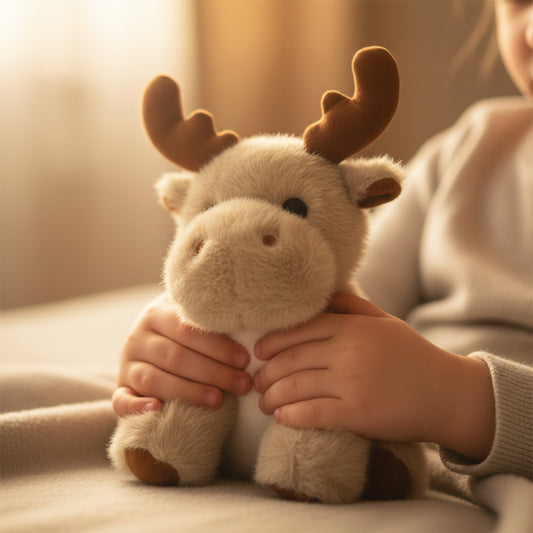 Plush moose toy on a white background