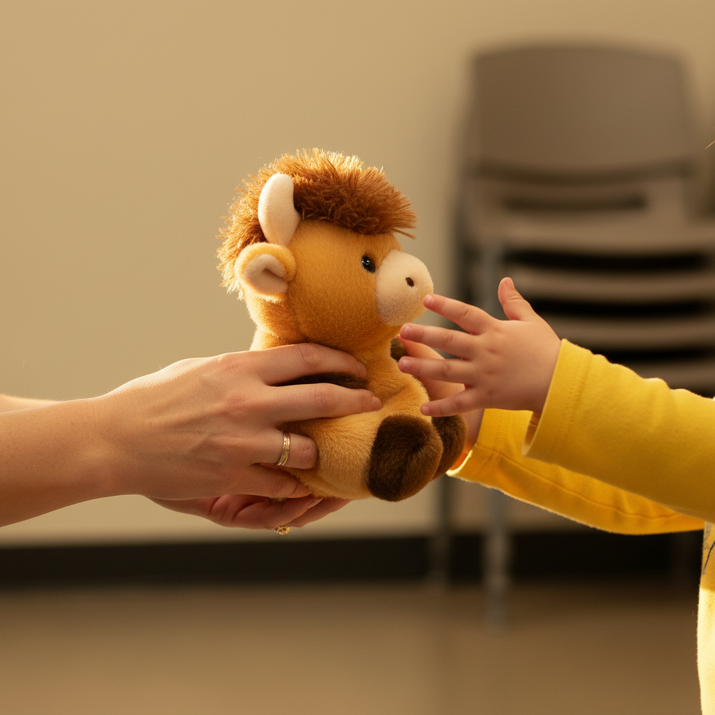 Volunteer hands passing highland cow plush to child